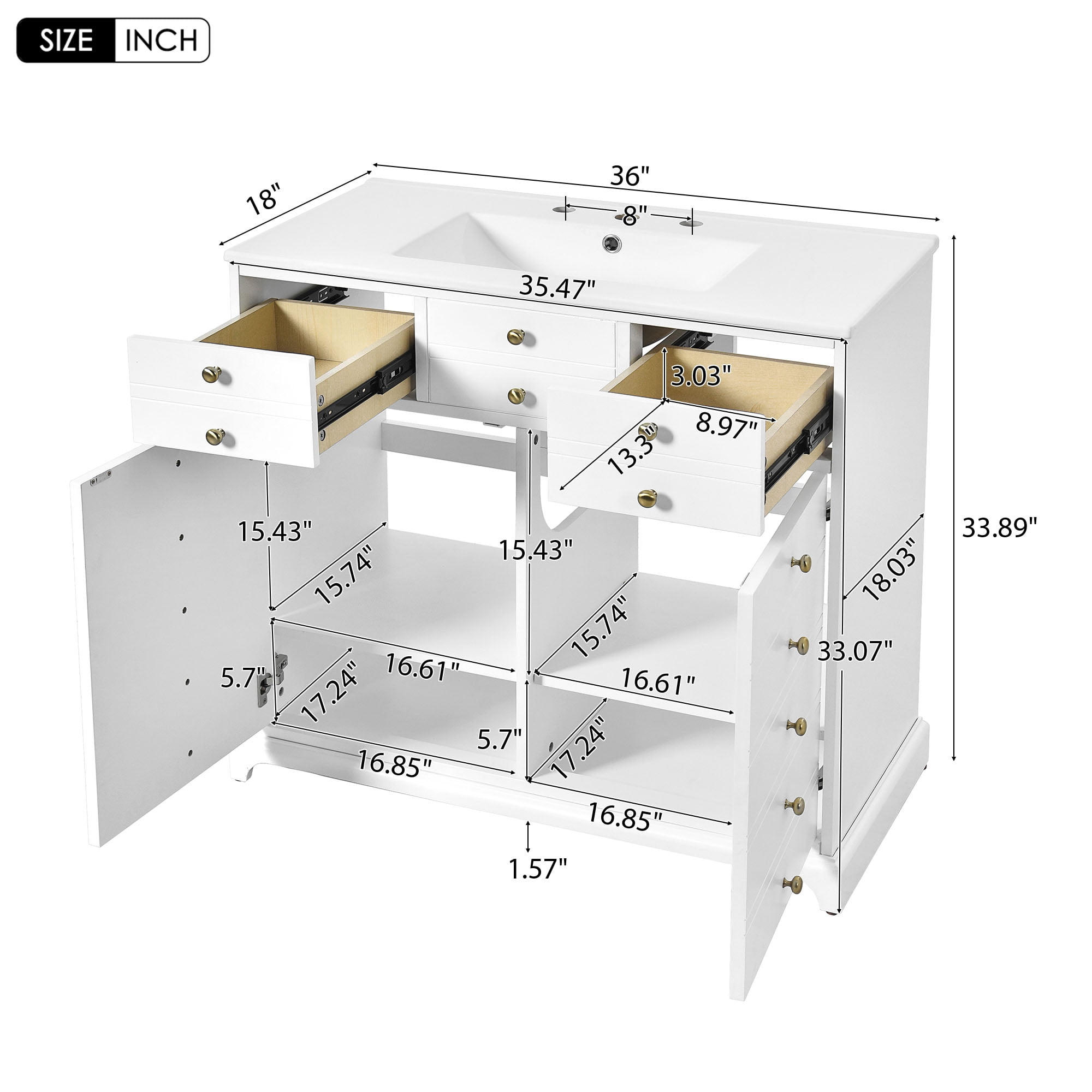 Harper & Bright Designs 36" Bathroom Vanity with Sink, Bathroom Storage Cabinet with Drawers, Single Sink Bathroom Vanity with Soft Closing Doors, White