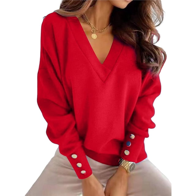 Suéter de Larga con Cuello en V para Mujer, Suéter Informal Holgado de Punto Grueso, Suéter de Otoño, Camisetas para Mujer Rojo XL
