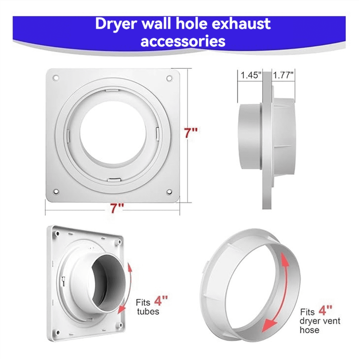 Dryer Vent Wall Plate with Hose(4 Inch 8 Feet),Twist Lock Connector Kit,4 Duct Flange B