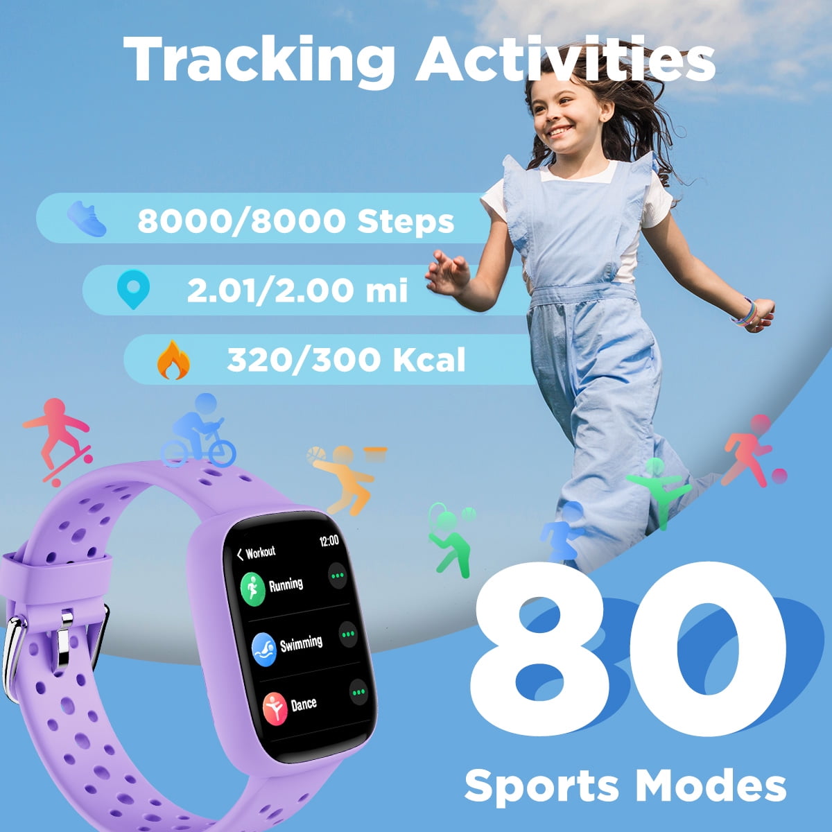 BIGGERFIVE 1.8" Smartwatch for Girls Smart Watch for Kids with Puzzle Games Pedometer Children Touch Screen Purple