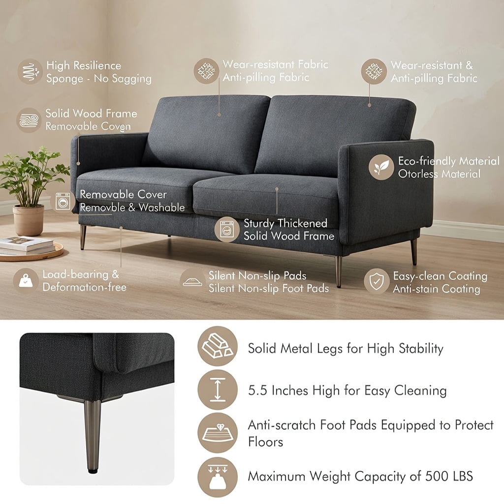 Hommoo Modern Loveseat Sofa with Ergonomic Backrest Cushions, High-Density CertiPUR-US Foam, 76.5" Wide Metal Legs, Gray
