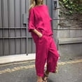 thumbnail image 2 of Pyhlmscde Lounge Sets for Women, Womens Summer Casual Solid Color Crewneck Top & Pants Cotton Linen Two Set, Two Piece Sets for Women Hot Pink 3XL, 2 of 4