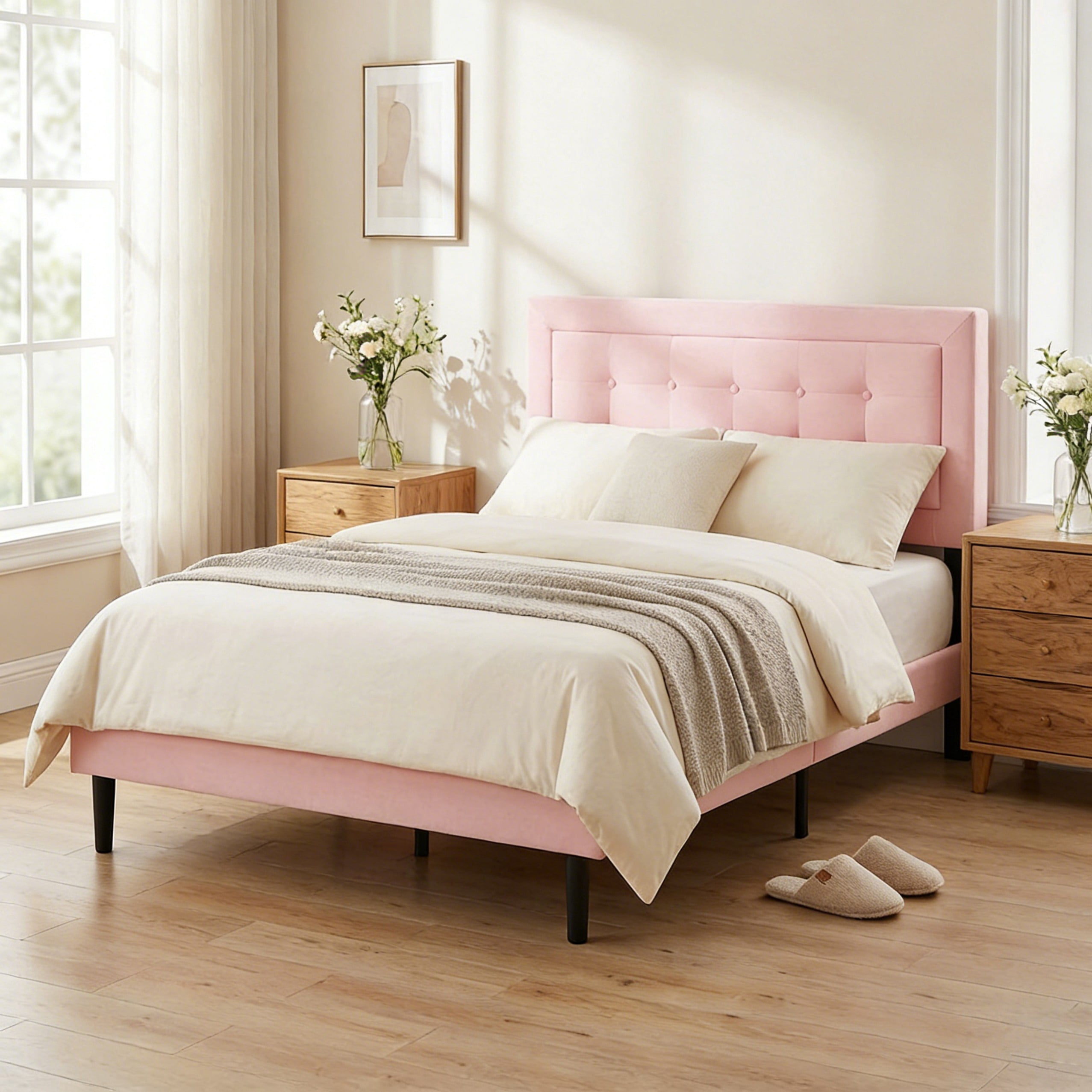 BSHTI Full Size Upholstered Platform Bed Frame with Square Tufted Headboard, Solid Wood Frame, 10 Wood Slats, No Box Spring Needed（Pink ）