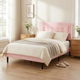 thumbnail image 3 of BSHTI Full Size Platform Bed Frame with Square Tufted Upholstered Headboard – Solid Wood Frame, 10 Wood Slats, Center Support Leg, Under-Bed Clearance, No Box Spring Needed, Pink, 3 of 11