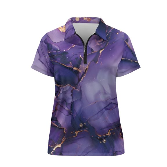 FUIALDOLG Purple Gold Marble Sport Shirt, Breathable Moisture Wicking Fashion Polo Shirts for Golf Tennis Hiking Elastic