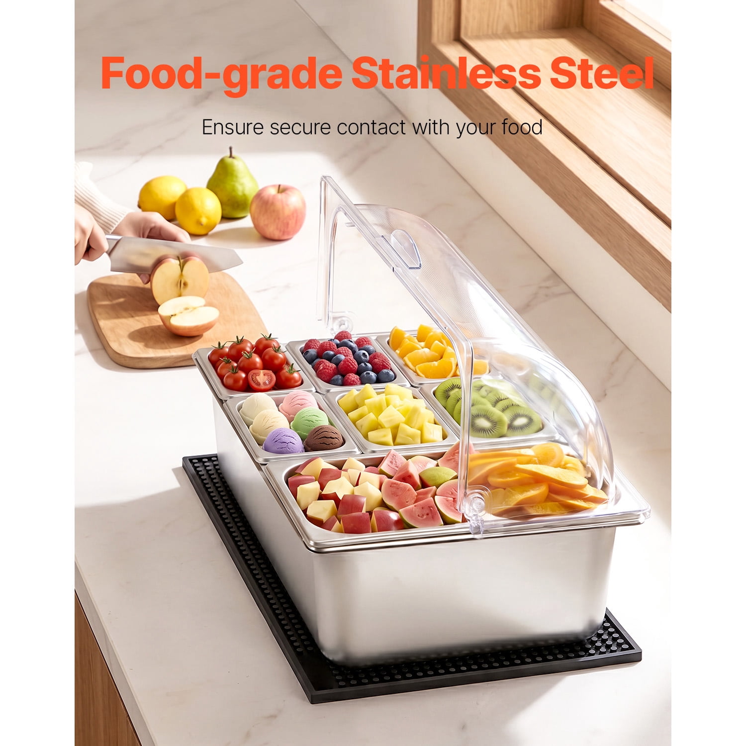 KFFKFF Countertop Food Serving Display Container, Stainless Steel Salad Server Tray, Buffet Condiment Holder, Ice-Cooled Rack with Clear Roll-Top Lid, Suitable for Restaurants (1x1/3+6x1/9 Pan)