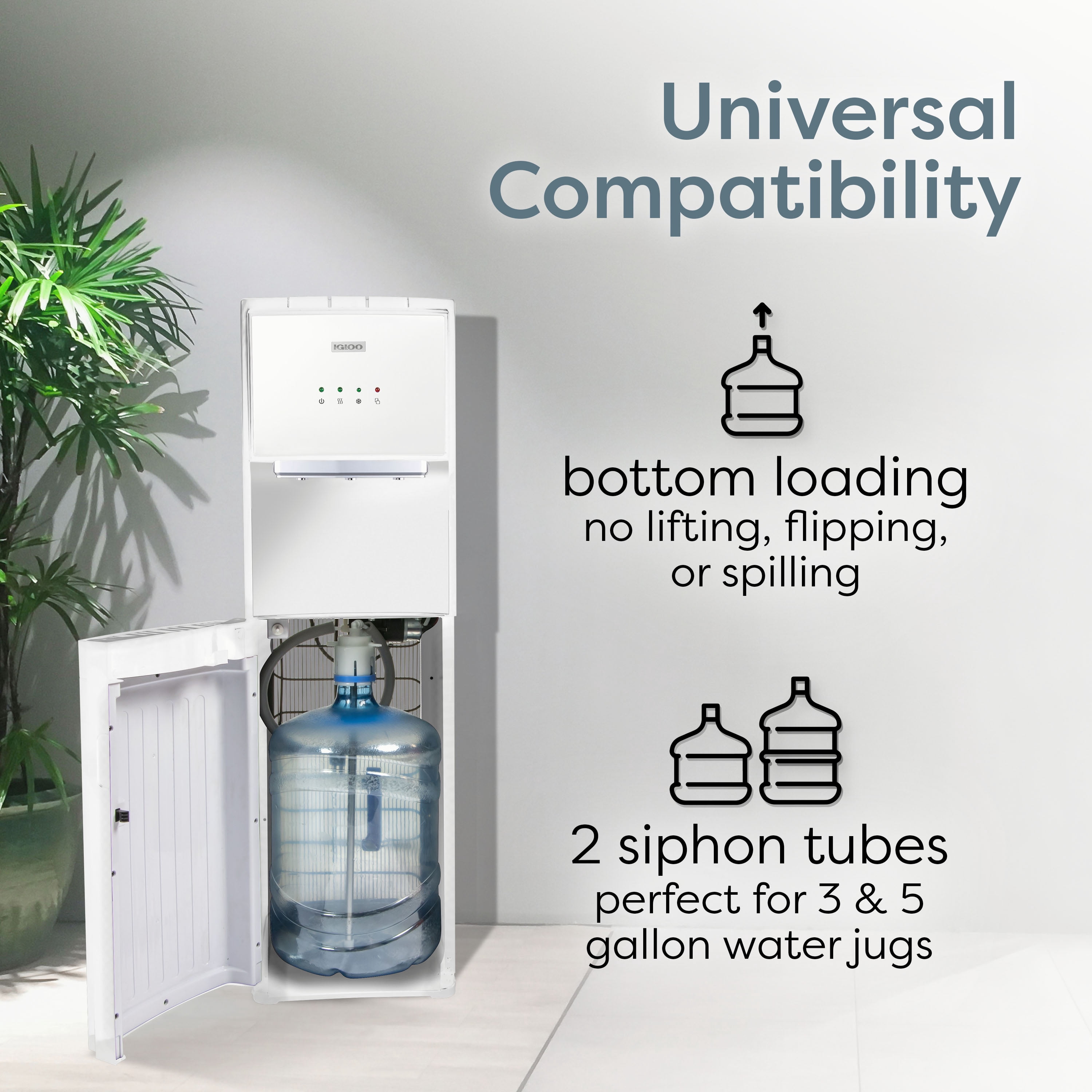 Igloo Bottom Loading Water Cooler – Hot, Cold, & Room Temperature Dispenser – White, Holds 3 & 5 Gallon Jugs, Child Safety Lock – for Homes, Kitchens, Offices, Dorms