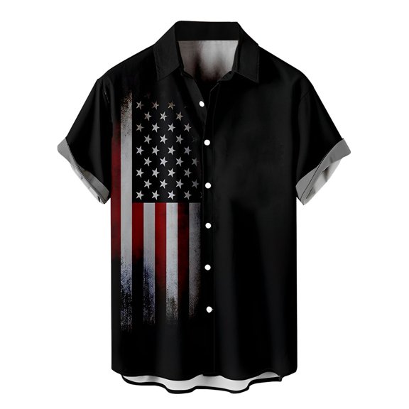 Yoodem Mens Shirts Men's T-shirts Male Spring and Summer Independence Day Celebration Casual Vintage Distressed Partial Print Button Short Sleeve Shirt Shirts for Men Black L