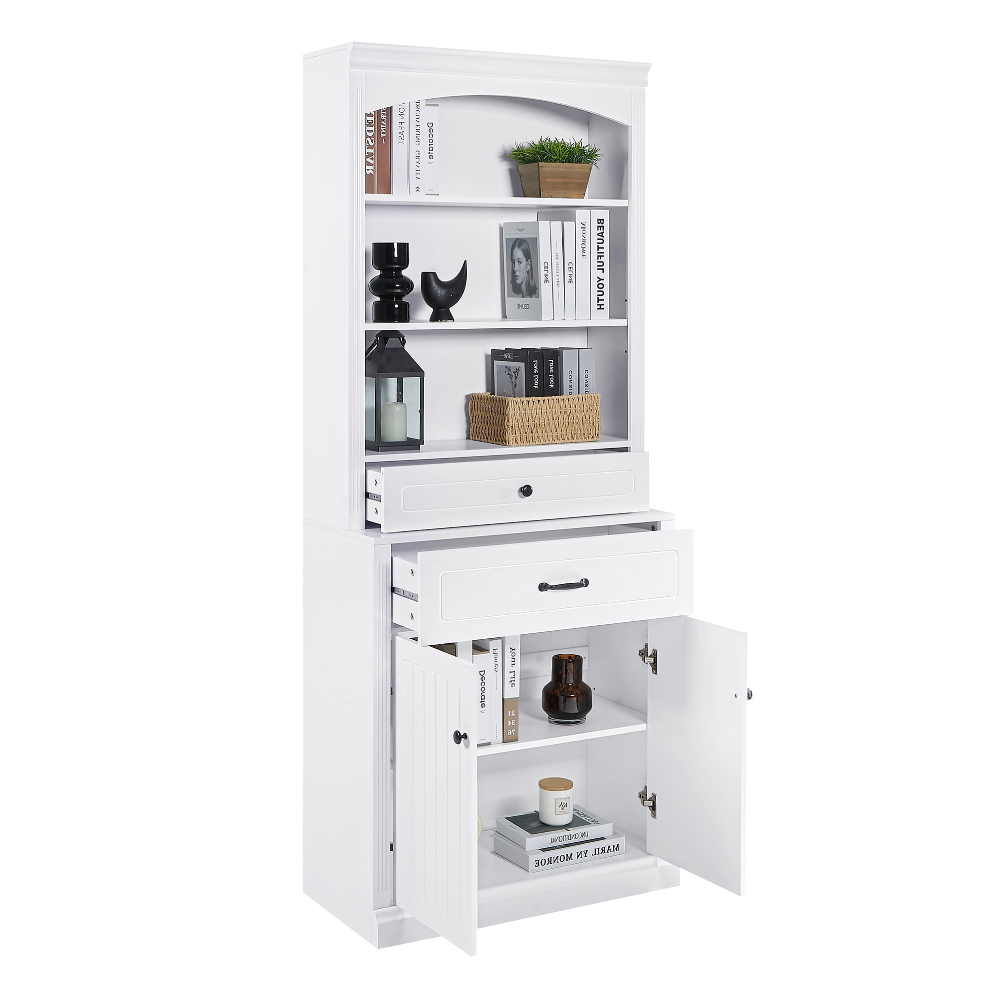 Euroco White Bathroom Storage Cabinet with Two Doors, Drawers, Adjustable Shelf & Three Open Shelves – Durable MDF Construction