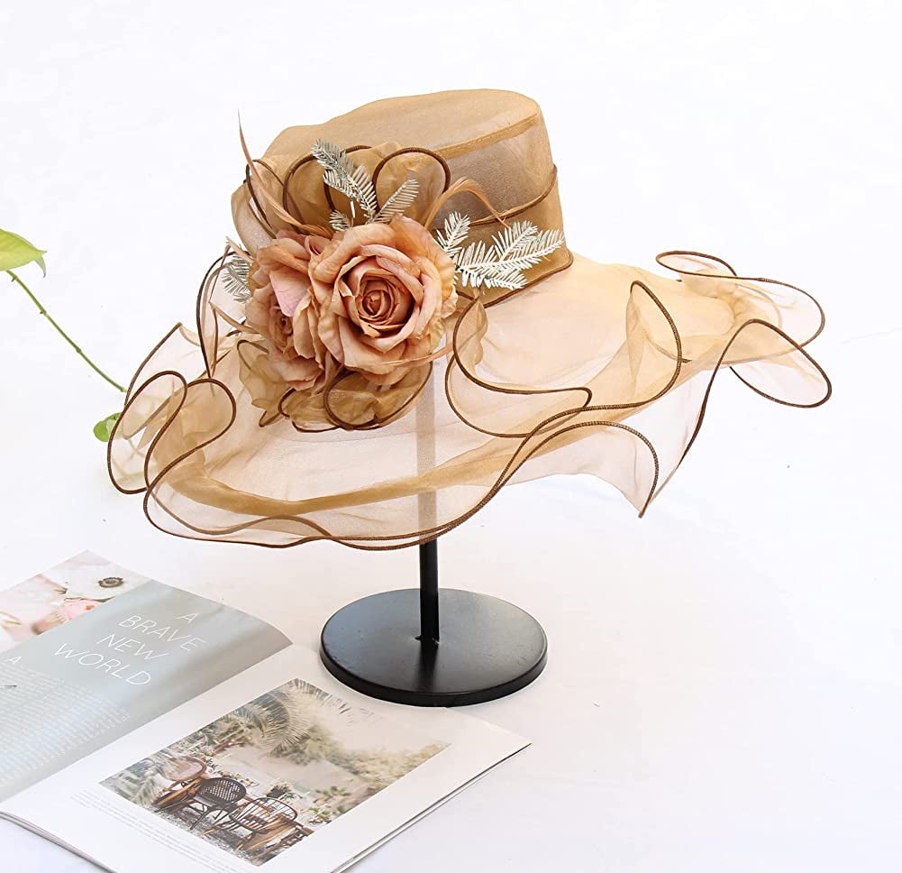 Women Sun Hat with Mesh Flower Decoration Wide Brim Hat Occasion