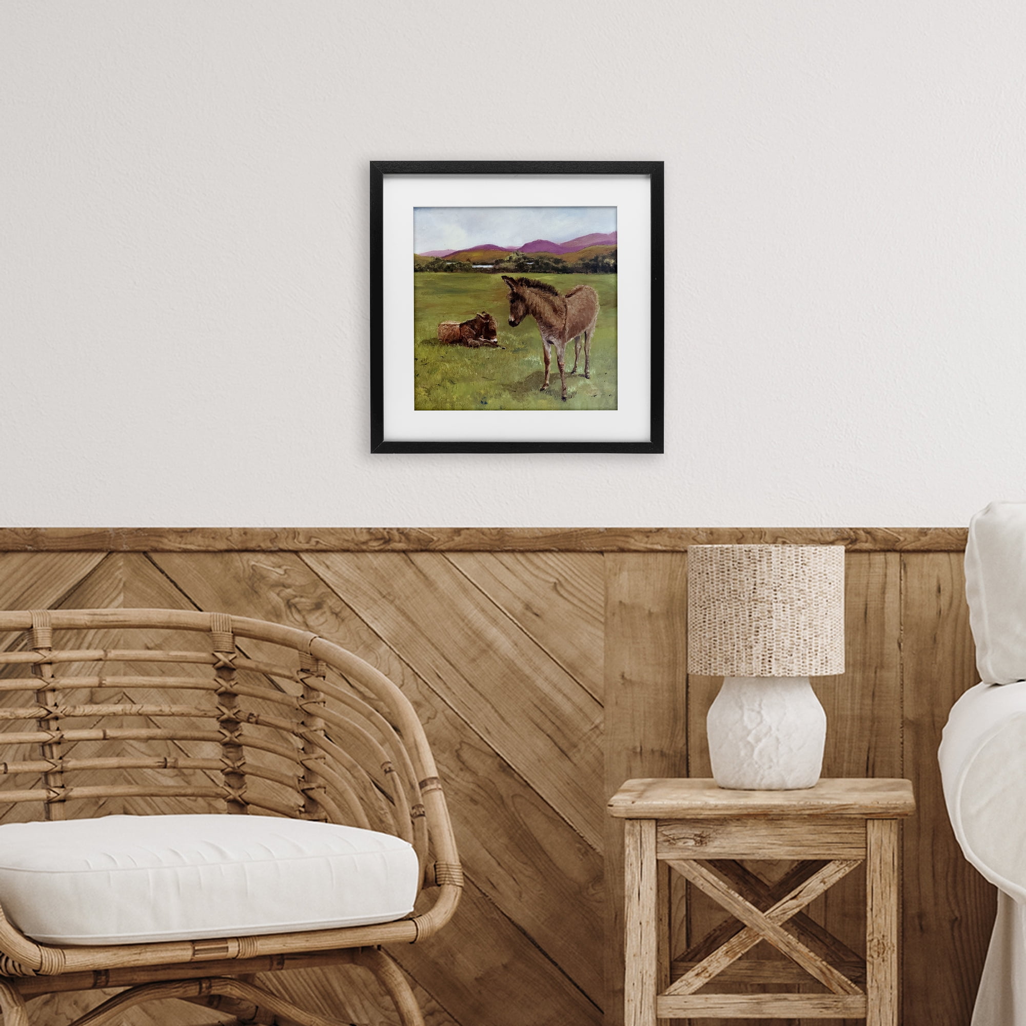 Donkey Duo in Pasture Black Framed Print Under Glass, design by Patricia Reynolds