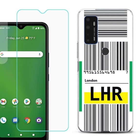 Slim-Fit Gel TPU Phone Case for Cricket Dream 5G, with Tempered Glass Screen Protector, by OneToughShield ® - Airport Tag / London
