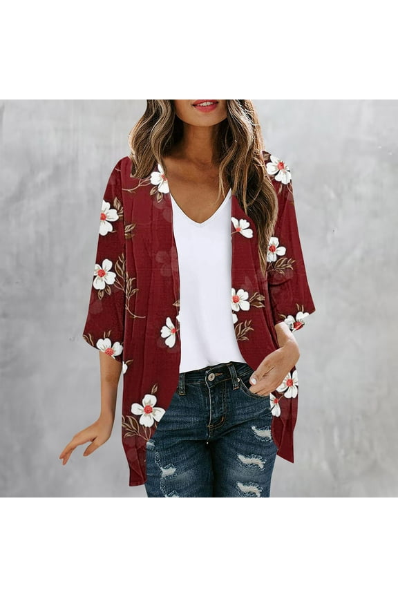 Trushirts Womens Wine Floral Kimono Cardigan - 100% Polyester, 3/4 Sleeves, Boho Loose Fit, Lightweight for Spring/Summer, Mid-Length, Open-Front, S-XXL,Size L