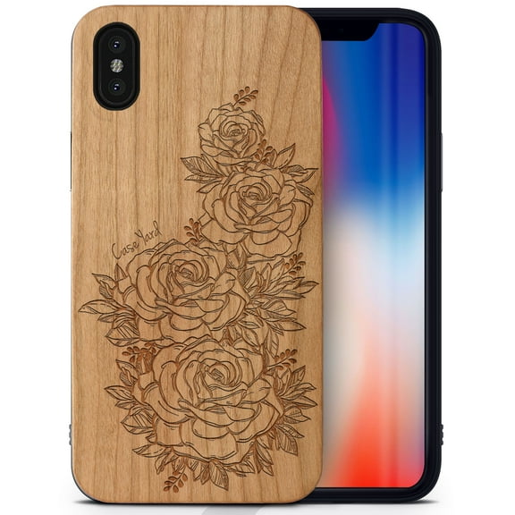 Case Yard Wooden Case Outside Soft TPU Silicone, Slim Fit Shockproof Wood Protective Phone Cover for Girls Boys Men and Women, Supports Wireless Charging Victorian Roses Design case for iPhone-X