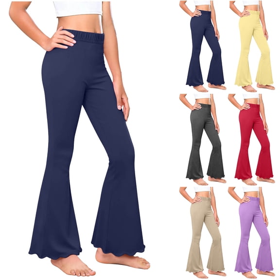 Swuxness Girls Yoga Casual Flare Leg Full Length Pants Wavy Hem Solid Fabric Home Wear