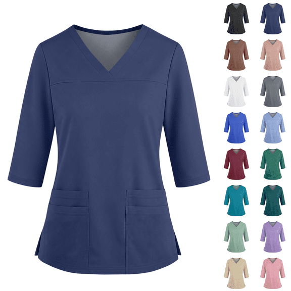 3/4 Sleeve Scrubs for Women V Neck Scrub Top with Pockets Stretchy Durable Breathable Easy Care Medical Uniform Dark Blue 2XL