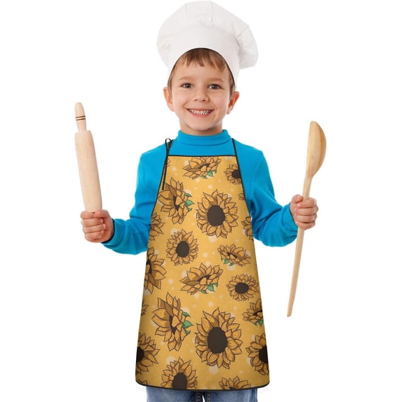 Yellow Black Polka Dot Sunflower Pattern Kids Aprons for Girls and Boys,Adjustable Neck Strap Toddler Aprons for Kids Cooking Baking