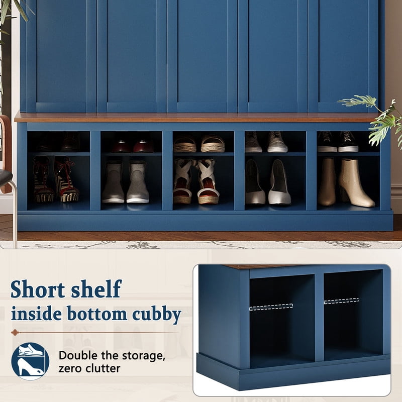 Farmhouse Hall Tree with 5 Doors and Top Storage Compartments, Entryway Coat Rack with Hooks, Mudroom Bench with Shoe Cubbies for Hallway Living Room