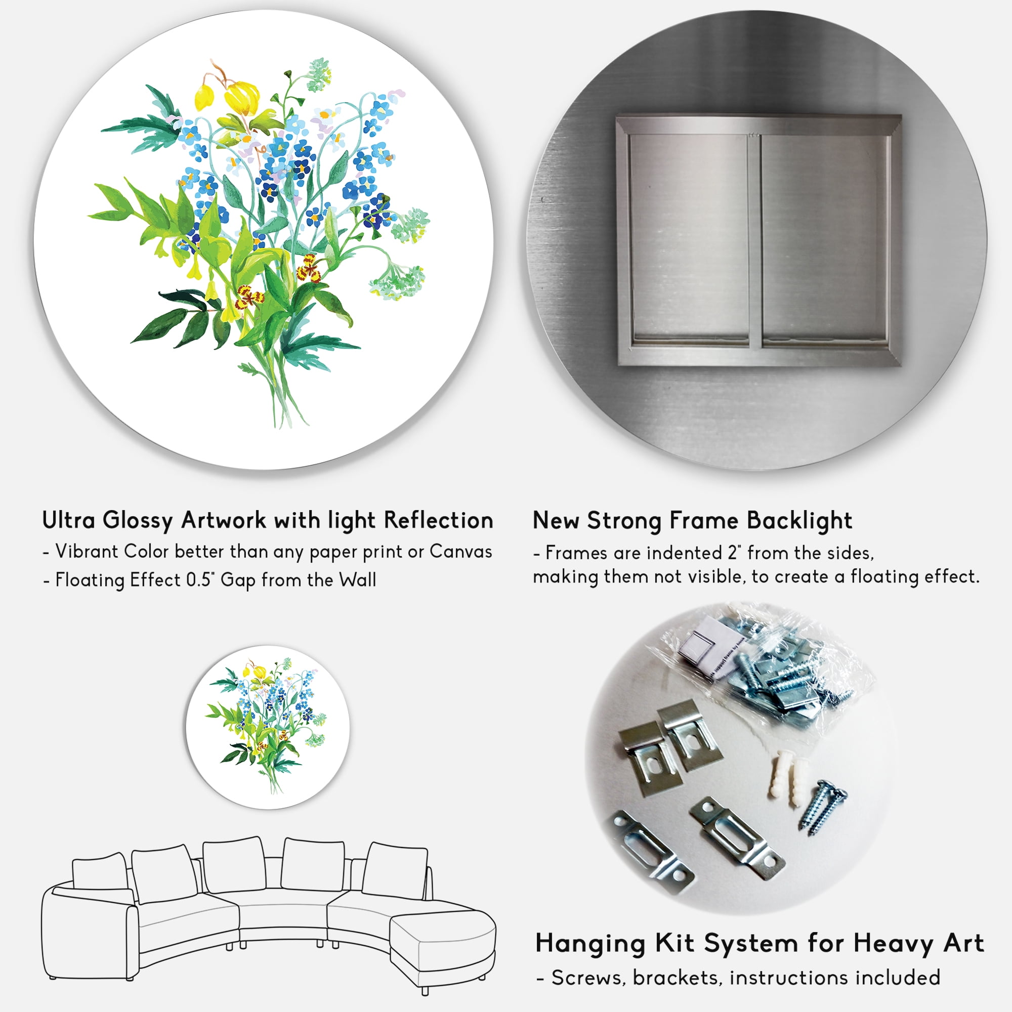 Designart 'Meadow Flowers Garland On White' Farmhouse Circle Metal Wall Art 11x11 - Disc of 11