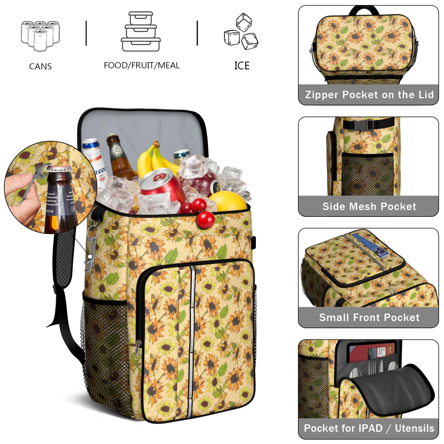 Travel Cooler Bag - Sunflower Camping Beer Cooler Backpack with Bottle Opener- Waterproof Insulated Picnic Backpacks - Cooler Bag for Beach