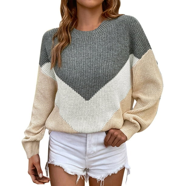 Gibobby Suéteres mujer, Suéter suelto de lana de cachemira con cuello redondo para mujer, de manga corta, otoño(Gris,XG)