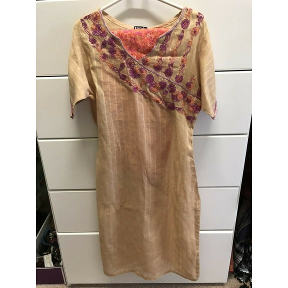 Beige Cotton Lawn Pakistani Indian Embroidered Embellished 3pc Stitched Small S New