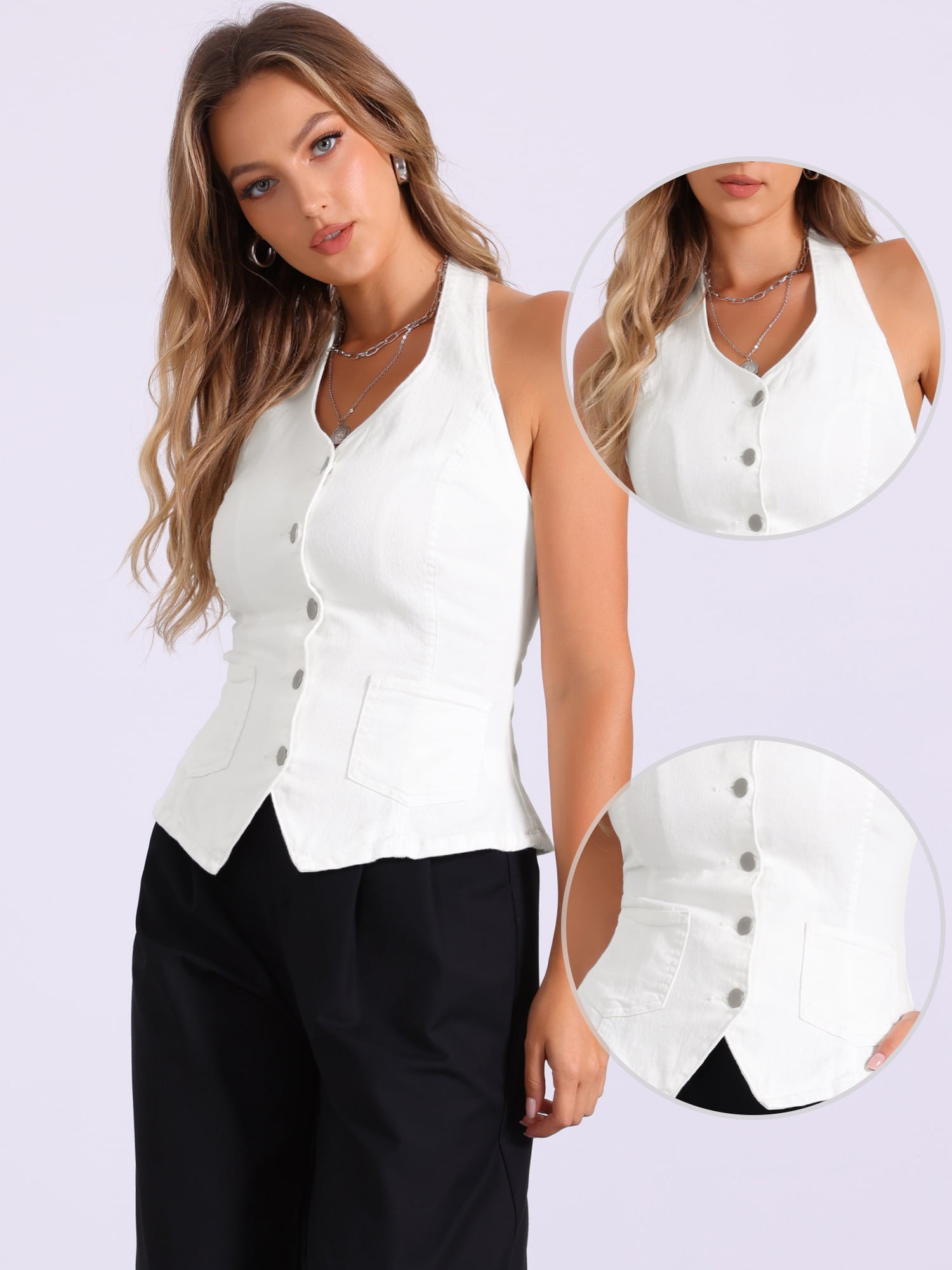 DARING DIVA Women's Halter Neck Button Down Backless Jean Waistcoat XL White