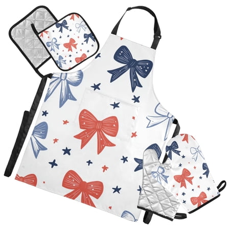 Cute Bowknots Stars Apron Set with Oven Mitts Pot Holders Set of 5 Kitchen Stuff Accessories