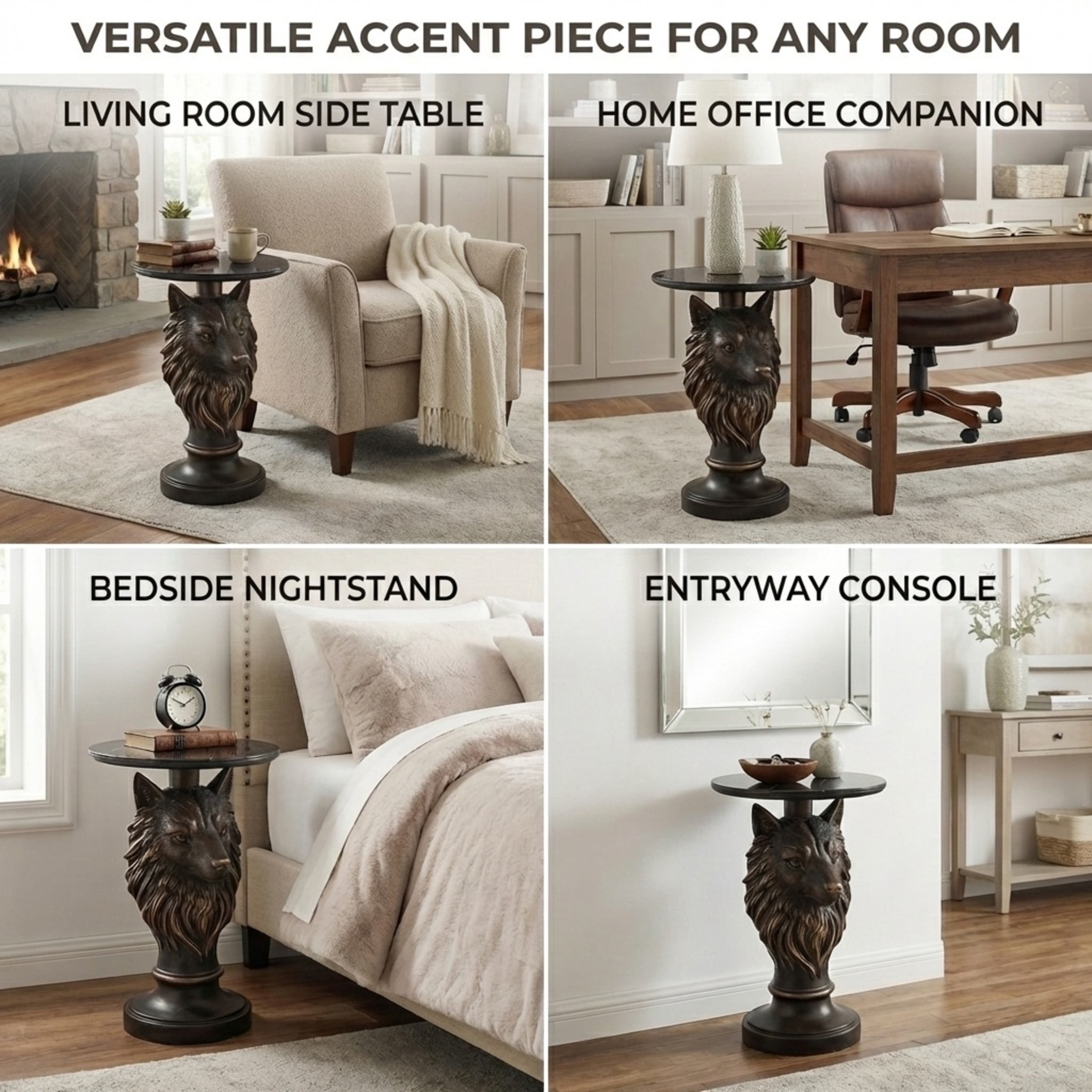 Noble House Wolf Head Accent Table, Animal Statue End Table with Faux Marble Tabletop for Living Room, Antique Brown