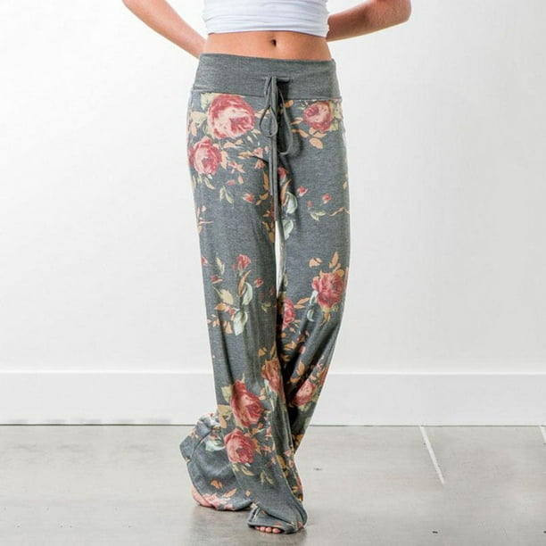 Long Pants For Women Womens Comfy Stretch Floral Print Drawstring Wide Leg  Lounge Pants Gray XXL JE 