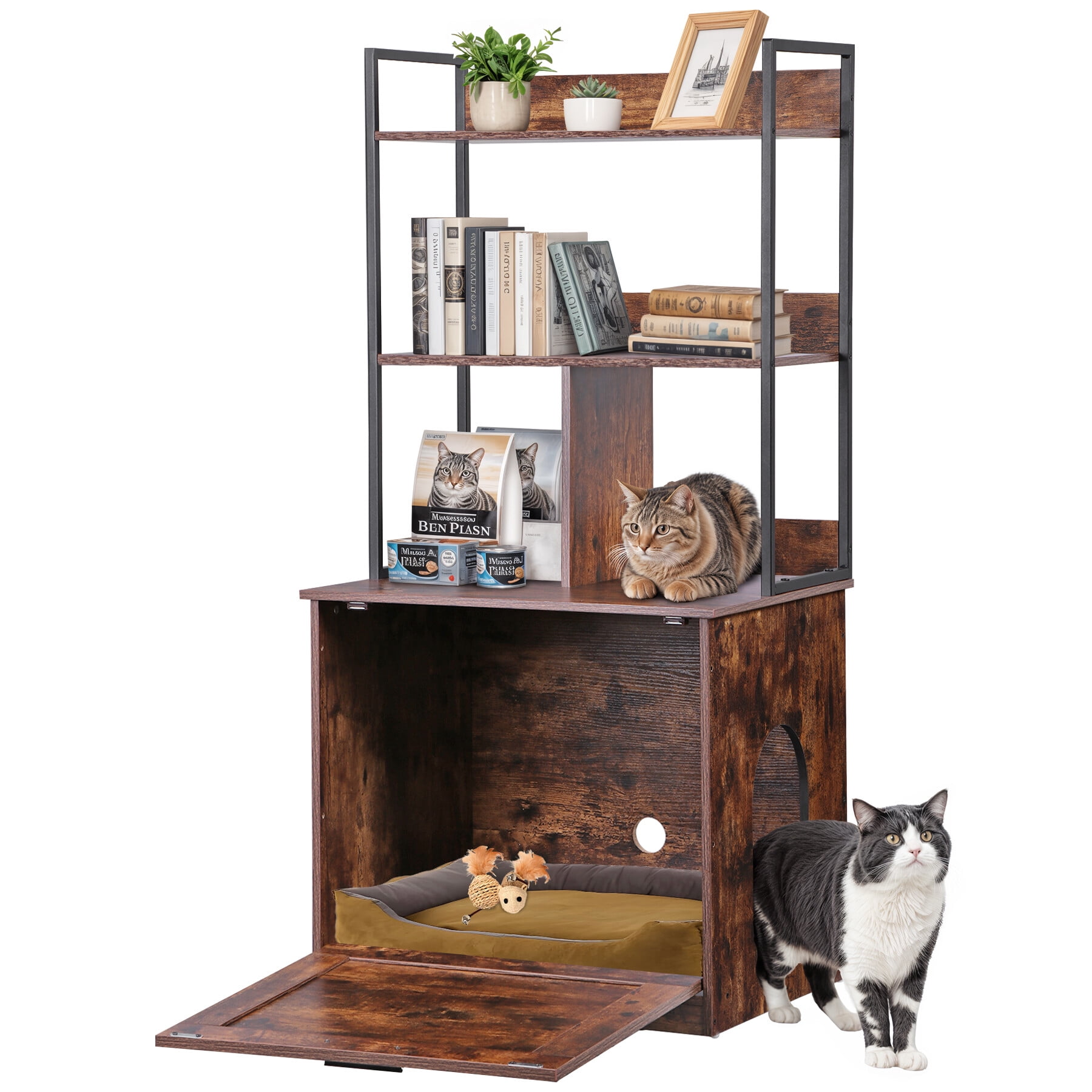 ZENSTYLE Hidden Cat Litter Box Enclosure with Shelves Cat House Cat Furniture Brown