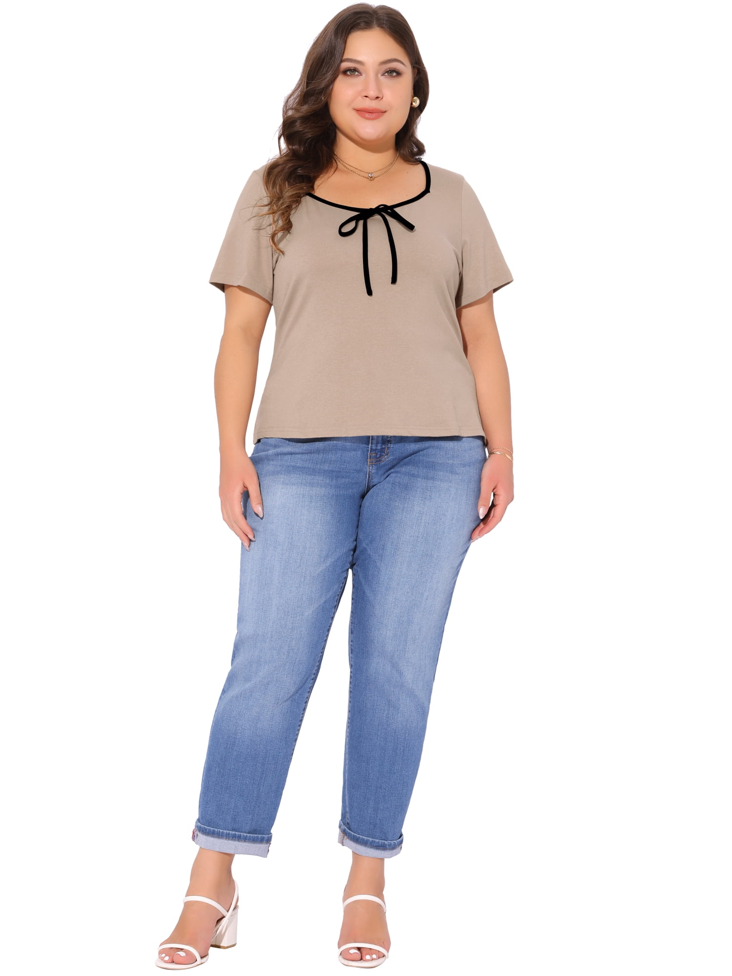 Women's Plus Blouse Sweetheart Neck Contrast Trim Tie Knot Short Sleeve Tee 4X Camel
