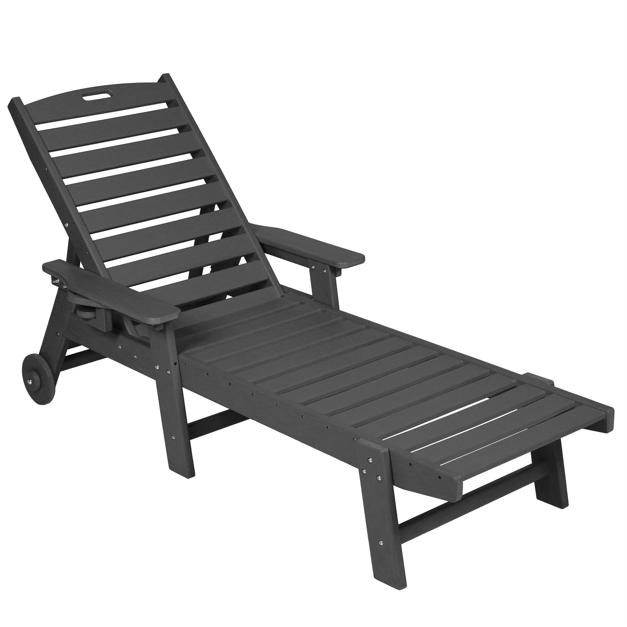 Aukfa 75" HDPE Outdoor Patio Chaise Lounge Chair with Cup Holder&Wheels, Adjustable Backrest, Gray