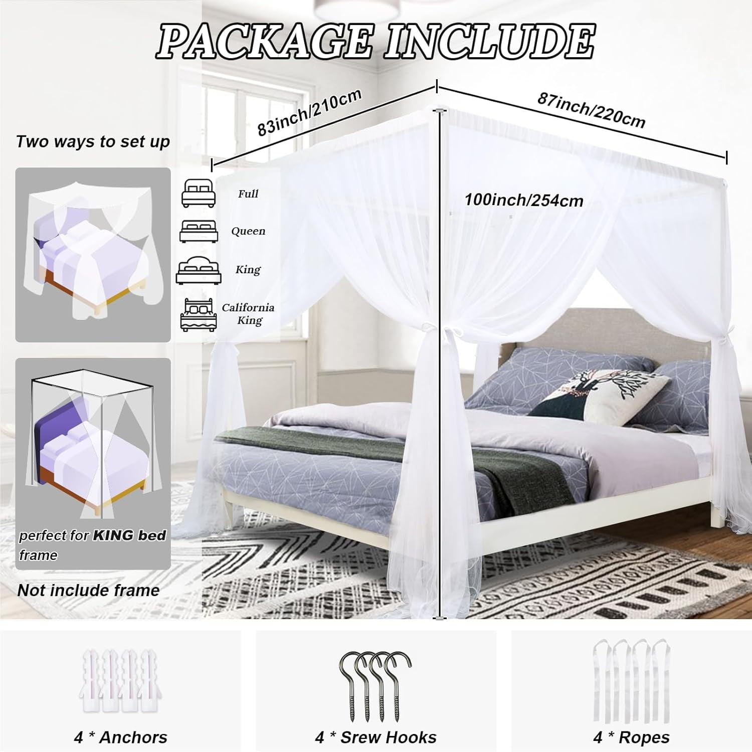 Black Canopy Bed Curtains, 4 Corner Post Bed Canopy for Girls & Adults, Top Luxurious Bed Drapes for Bedroom Decoration, 4 Openings, 100% Ripstop Polyester, Easy Install, King/Queen Size