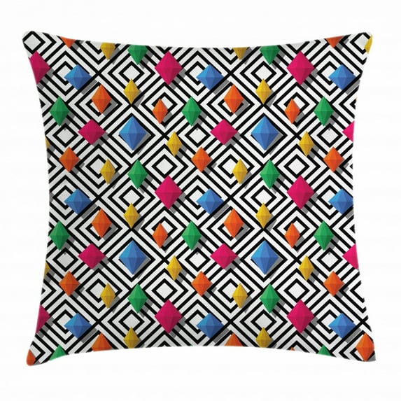 Geometric Throw Pillow Cushion Cover, Lively Colored and 3D Styled Diamond Gemstone Figures on Black and White Backdrop, Decorative Square Accent Pillow Case