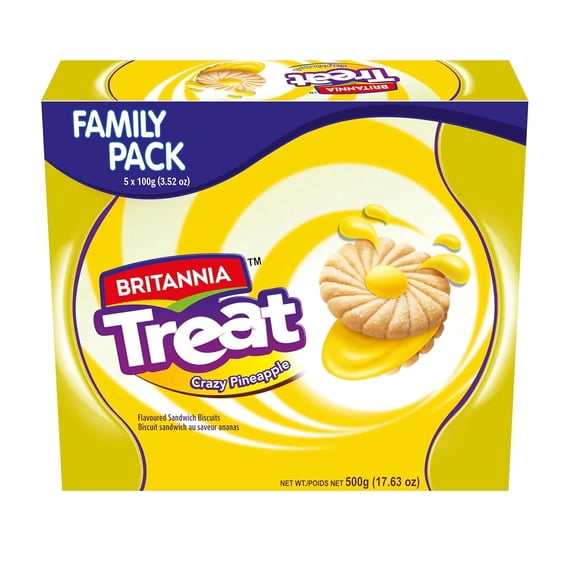Britannia Treat Biscuits Sandwich Each Magic of Cookies Healthy Snack Perfect for Breakfast 17.63oz (500g) Pack of 5 (Pineapple)
