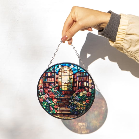 Cozy Book Nook Flower Garden Stained Glass Suncatcher Cottagecore Accent Gift