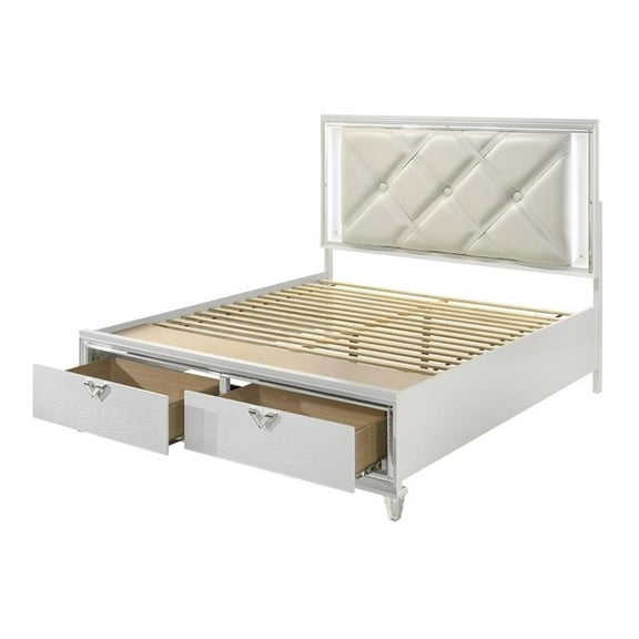 Pemberly Row Prism King Bed Modern Design w/ LED lights Made of Wood-White Color