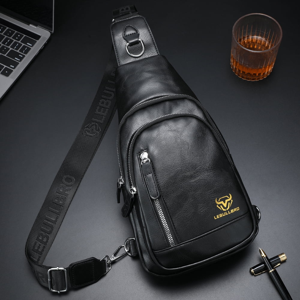 LEBULLBRO Sling Bag for Men Soft Leather Chest Bag Crossbody Backpack Travel Hiking Outdoor Sports Black