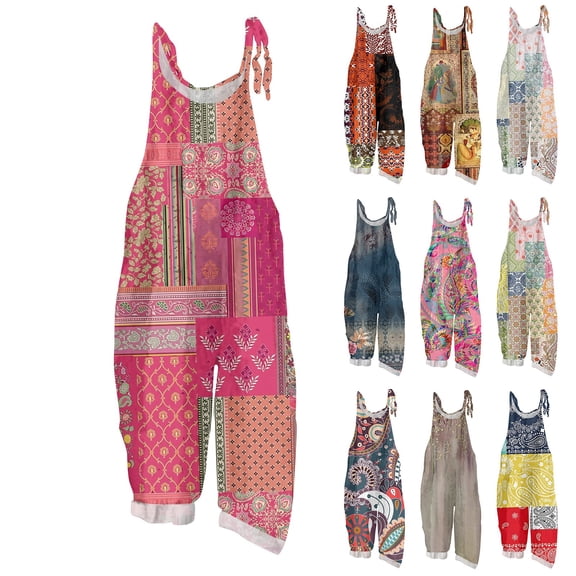 Women's Boho Floral Patchwork Overalls Loose Fit Linen Blend Bib Jumpsuit for Summer & Gardening Pink XL