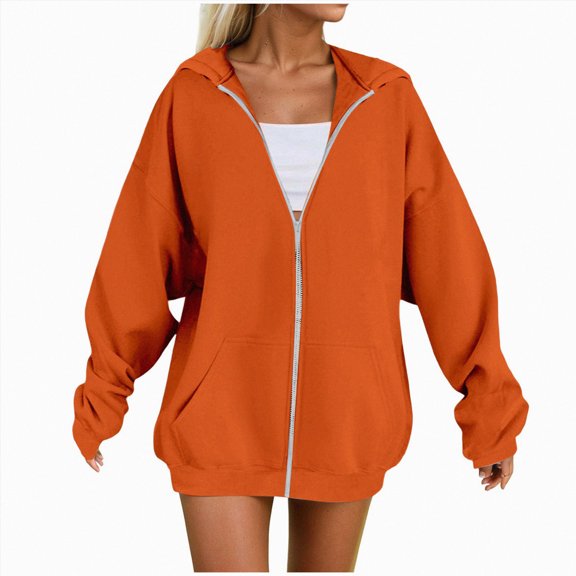 NOLDARES Zip Up Hoodie Women Long Sleeve Fall Winter Plus Size Plain Hooded Sweatshirts Trendy Casual Fashion Jacket With Pockets(Orange,XL)