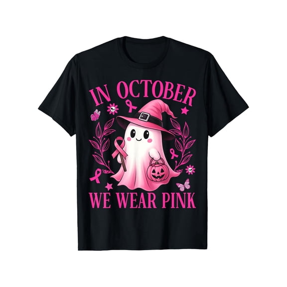 In October We Wear Pink T-Shirt Breast Cancer Awareness Ghost Halloween Tee