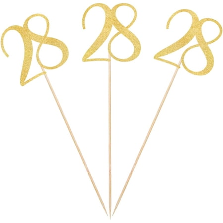 Gold Glitter 28th Birthday Centerpiece Sticks, 12-Pack Number 28 Table Topper Anniversary Party Decorations