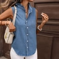 thumbnail image 4 of Levmjia Women Sleeveless Denim Shirt Vintage Ruffle Collar Button Up Pocket Casual Jean Vest Loose Fit Summer Top Solid Color Western Style, 4 of 7