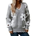 thumbnail image 2 of Sweaters for Women Spring Fall Color Block Ribbed Ruffle V Neck Loose Fit Pullover Knit Y2k Cute Sweater Tops Grey S, 2 of 8
