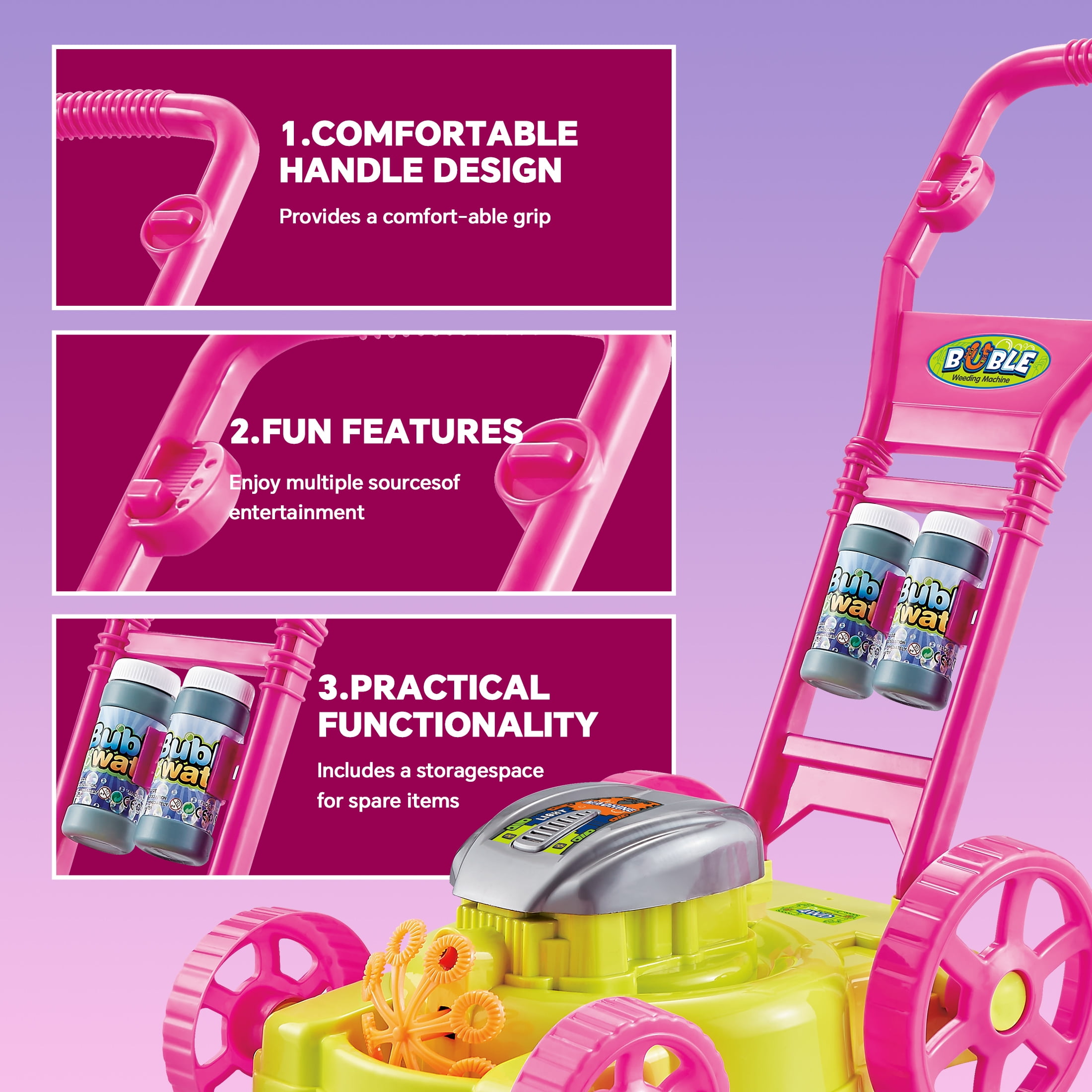KOPPOP Bubble Lawn Mower - Bubble Machine for Outdoor and Indoor Use, Push Mower with Sound Effects and Bubble Blowing Function - Pink