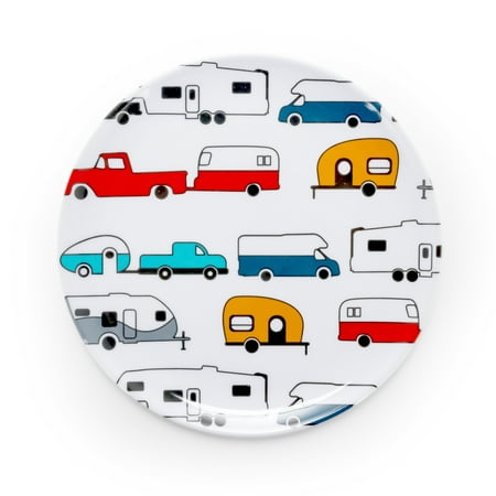 Camco Small Salad or Dessert Melamine Plate - Fun Retro, RV, Camper and Trailer Designs, Microwavable, Dishwasher Safe, and BPA Free (White, Multi) (Best Small Rv Trailer)