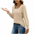 thumbnail image 4 of SYMOID Womens Beige Square Neck Puff Sleeve Top - Polyester Spandex, Soft Stretchy Relaxed Fit, Everyday Casual Office Wear, S/M/L/XL/XXL,Size S, 4 of 5