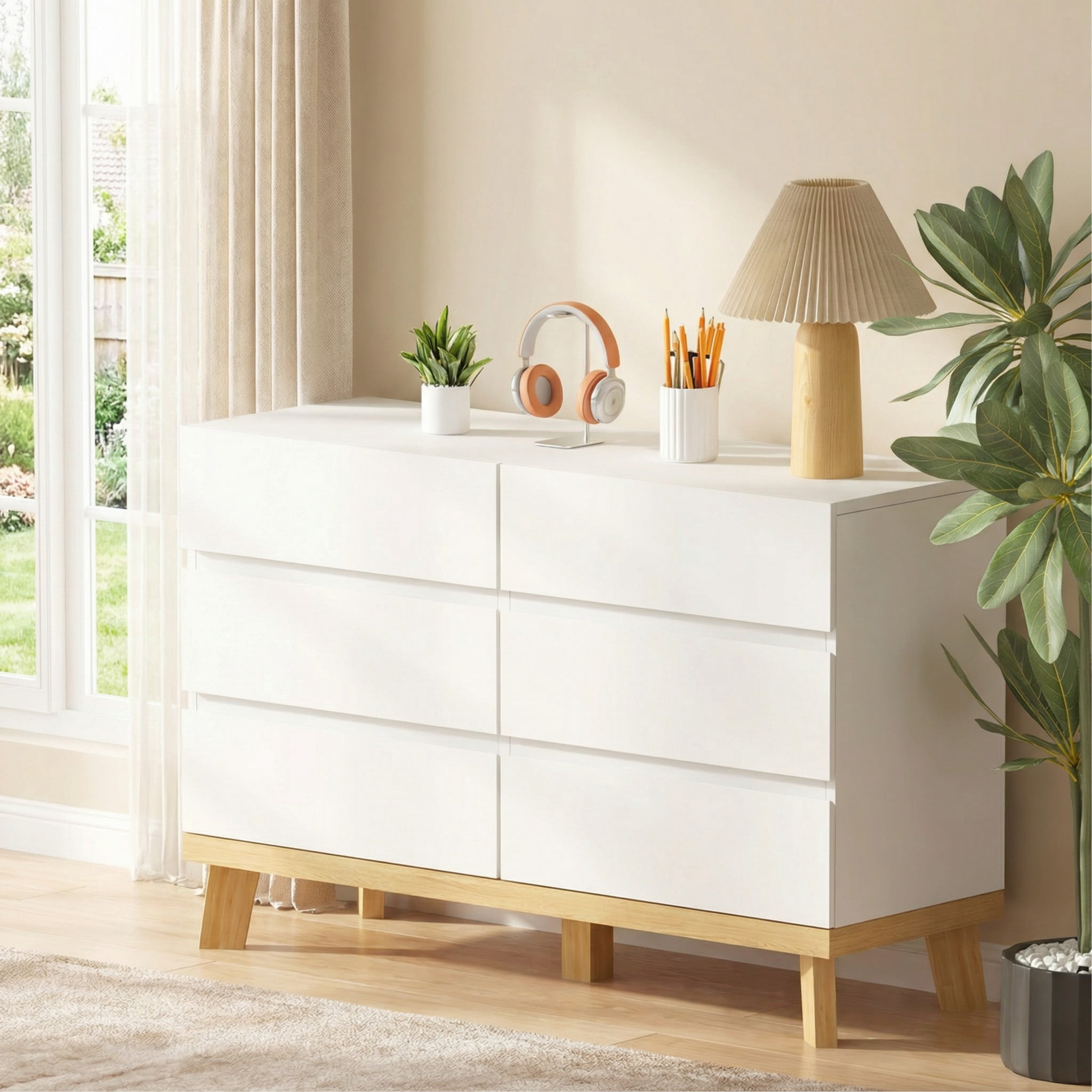 6-Drawer Dresser,White Double Dresser,Wood Storage Cabinet Chest of Drawers for Bedroom,Living Room