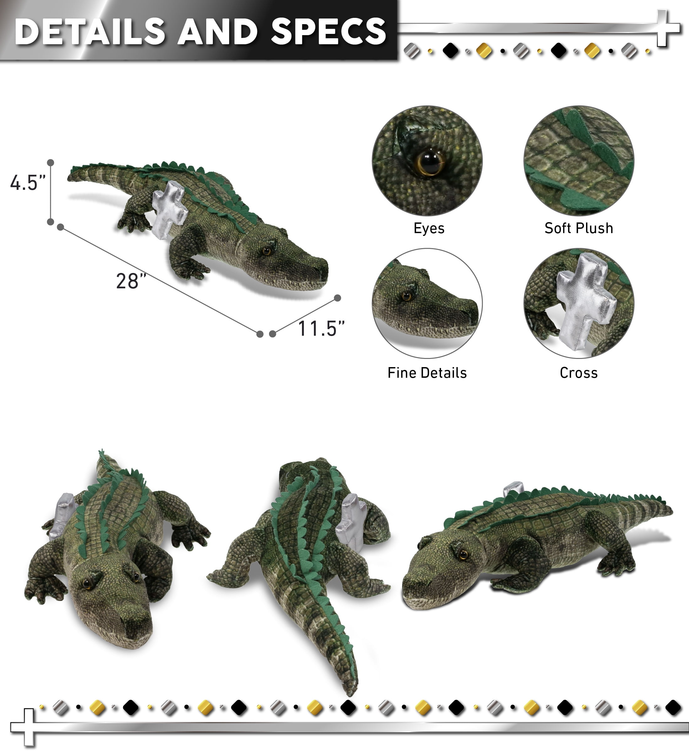 DolliBu Wild Collection Alligator Stuffed Animal with Silver Cross Plush - Religious Baptism Gifts for Boys and Girls, Dedication Christening Gifts Plush Prayer Toy Healing Stuffed Animal - 28 Inches